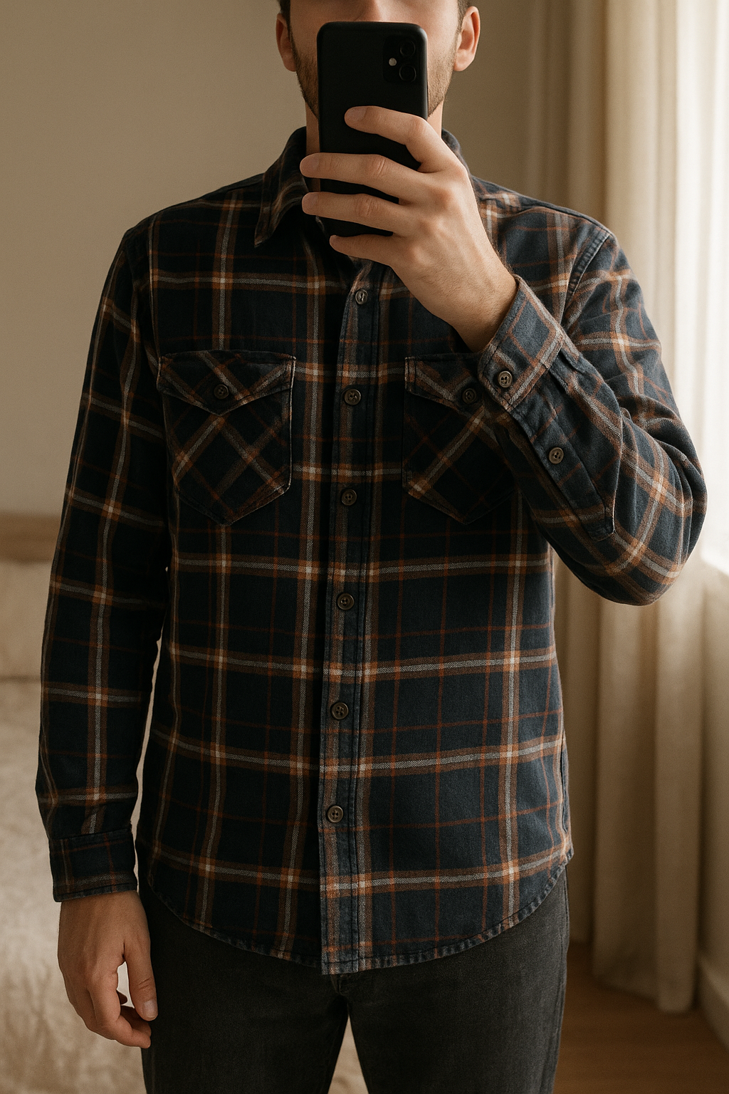 Chemise homme taille L debout, face à la caméra, dans une chambre à la lumière douce, avec une lumière naturelle filtrant par la fenêtre.