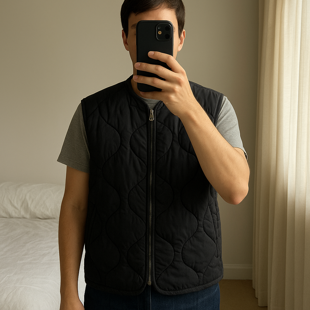 Veste sans manches Arket debout, face à la caméra, dans une chambre à la lumière douce, avec une lumière naturelle filtrant par la fenêtre.