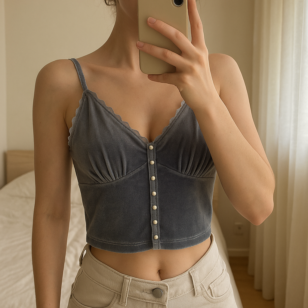 Une personne en Crop top velours perle Pimkie taille xs cambrant légèrement le dos pour une pose dynamique, avec une silhouette fine, dans une chambre à la lumière douce, avec une lumière naturelle filtrant par la fenêtre.