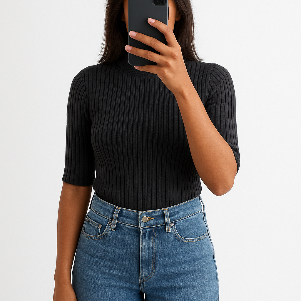 Une personne en pull-over côtelé noir à col montant de la marque Bershka . debout, face à la caméra, dans un studio photo épuré avec fond blanc et éclairage doux.