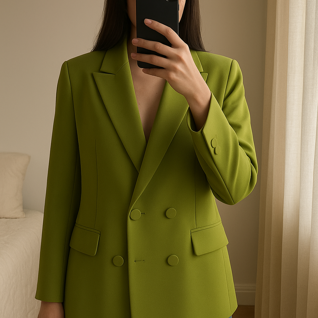 Blazer verde in piedi, rivolto verso la fotocamera, in una camera da letto con luce soffusa e luce naturale che filtra dalla finestra.