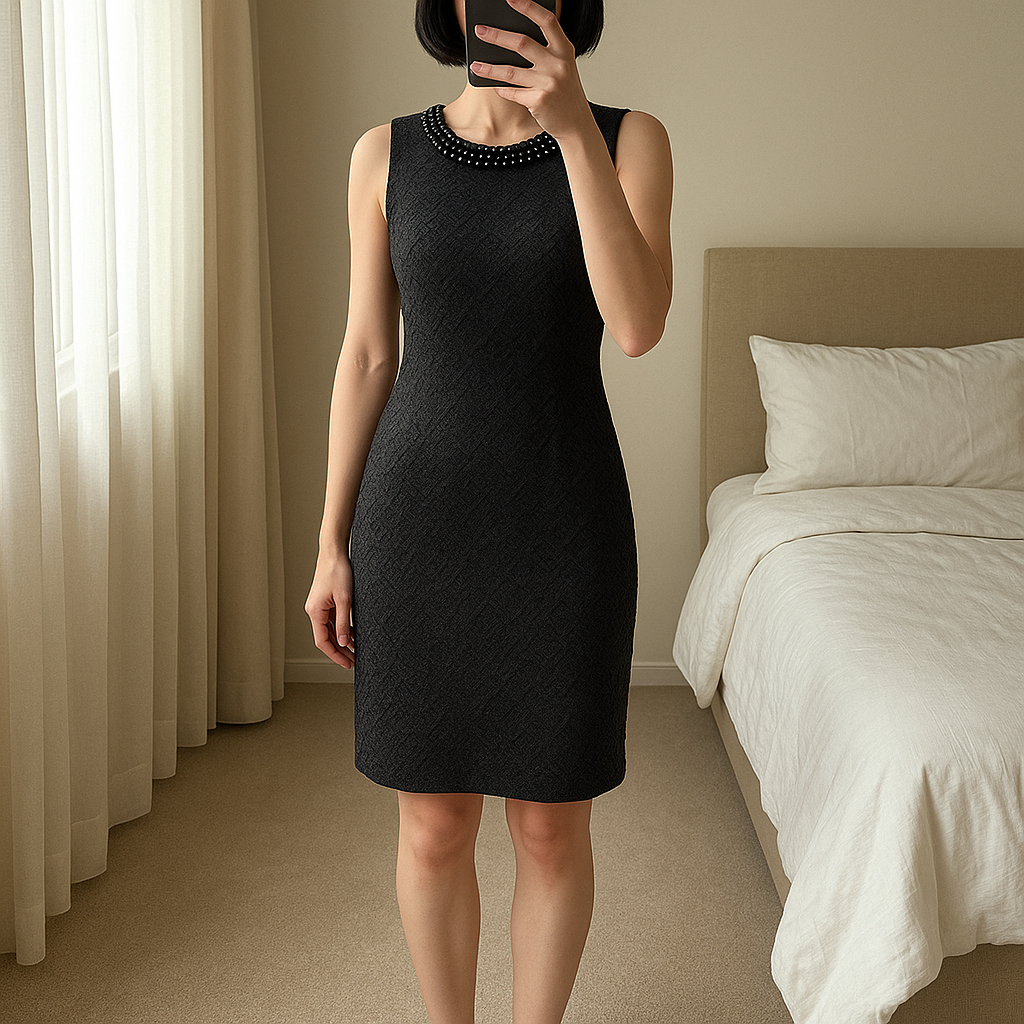 Robe Noir Texturée à Décolleté Perlé, Sequin dans la Maille - Taille 40/L debout, face à la caméra, dans une chambre à la lumière douce, avec une lumière naturelle filtrant par la fenêtre.