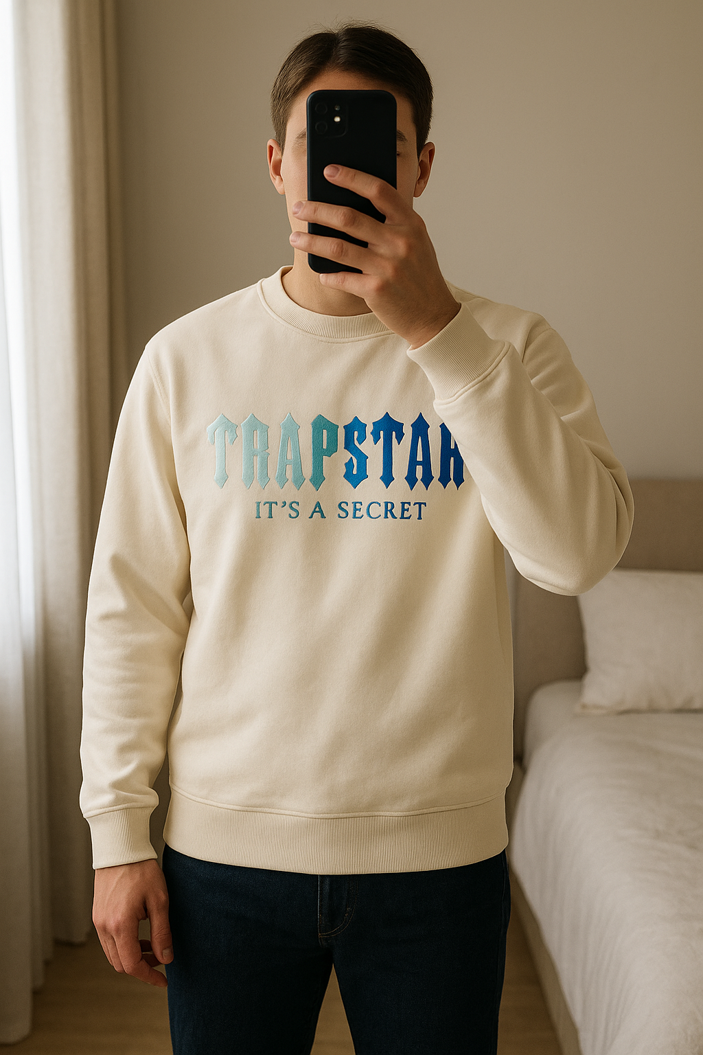 Trapstar Crewneck Jumper – XXL – Rare Pink/Cream – Perfect Condition standing straight facing the camera, in a softly lit bedroom setting, with gentle natural light filtering through a window.