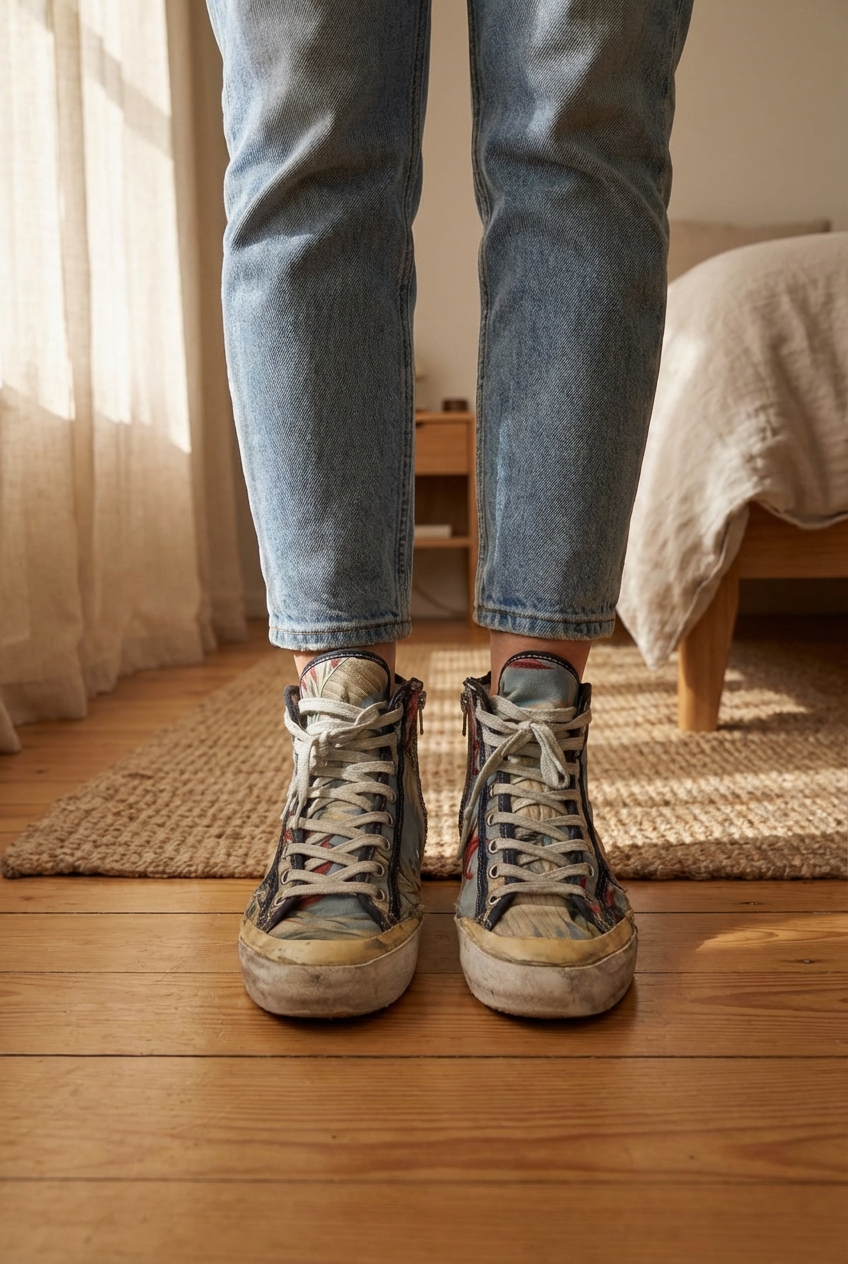 Golden Goose Francy toile | Taille 38 🎀 debout, face à la caméra, dans une chambre à la lumière douce, avec une lumière naturelle filtrant par la fenêtre.