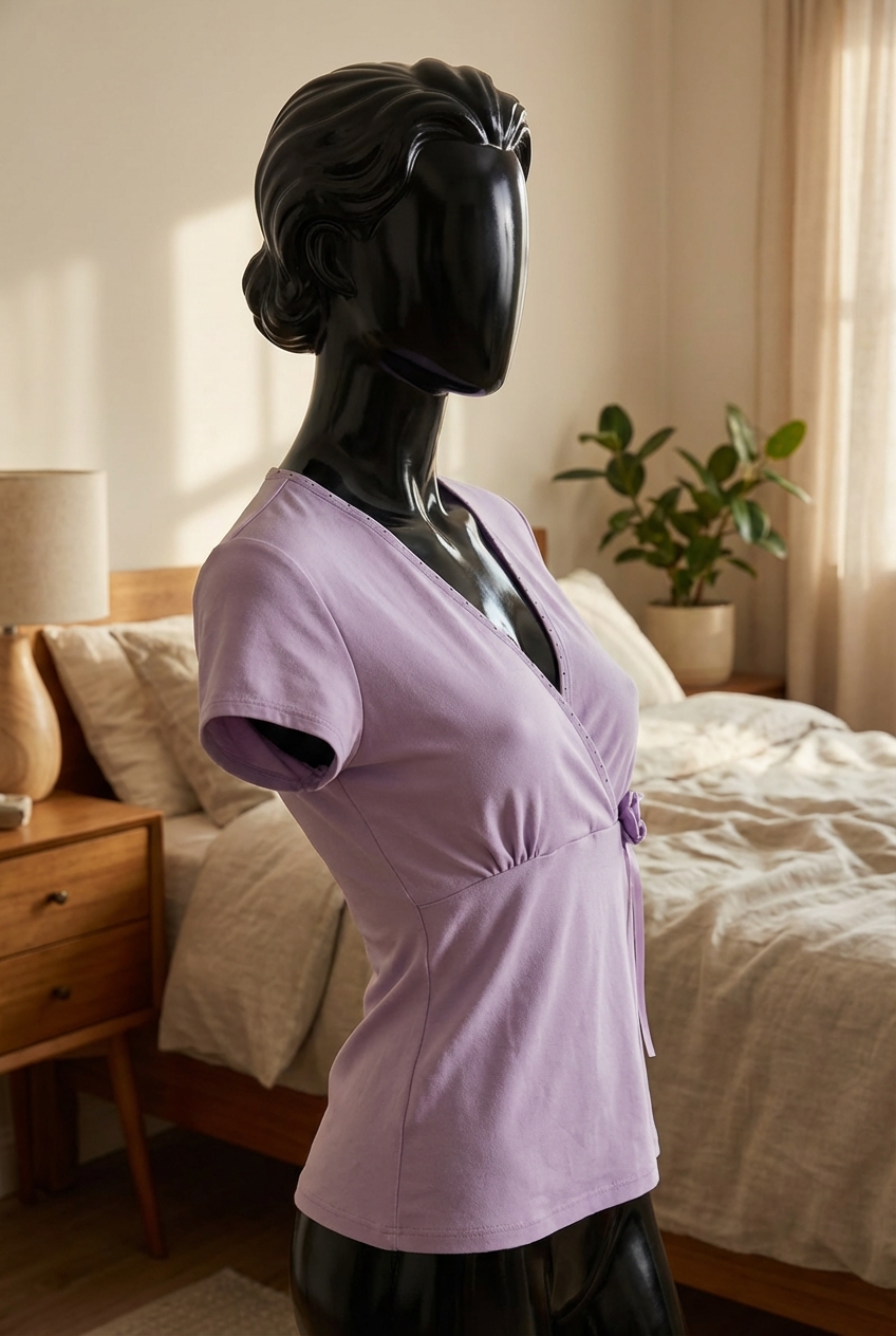 a glossy black plastic mannequin with no facial features in Vintage Y2K Evie lilac tshirt arching their back slightly for a dynamic pose, in a softly lit bedroom setting, with gentle natural light filtering through a window.