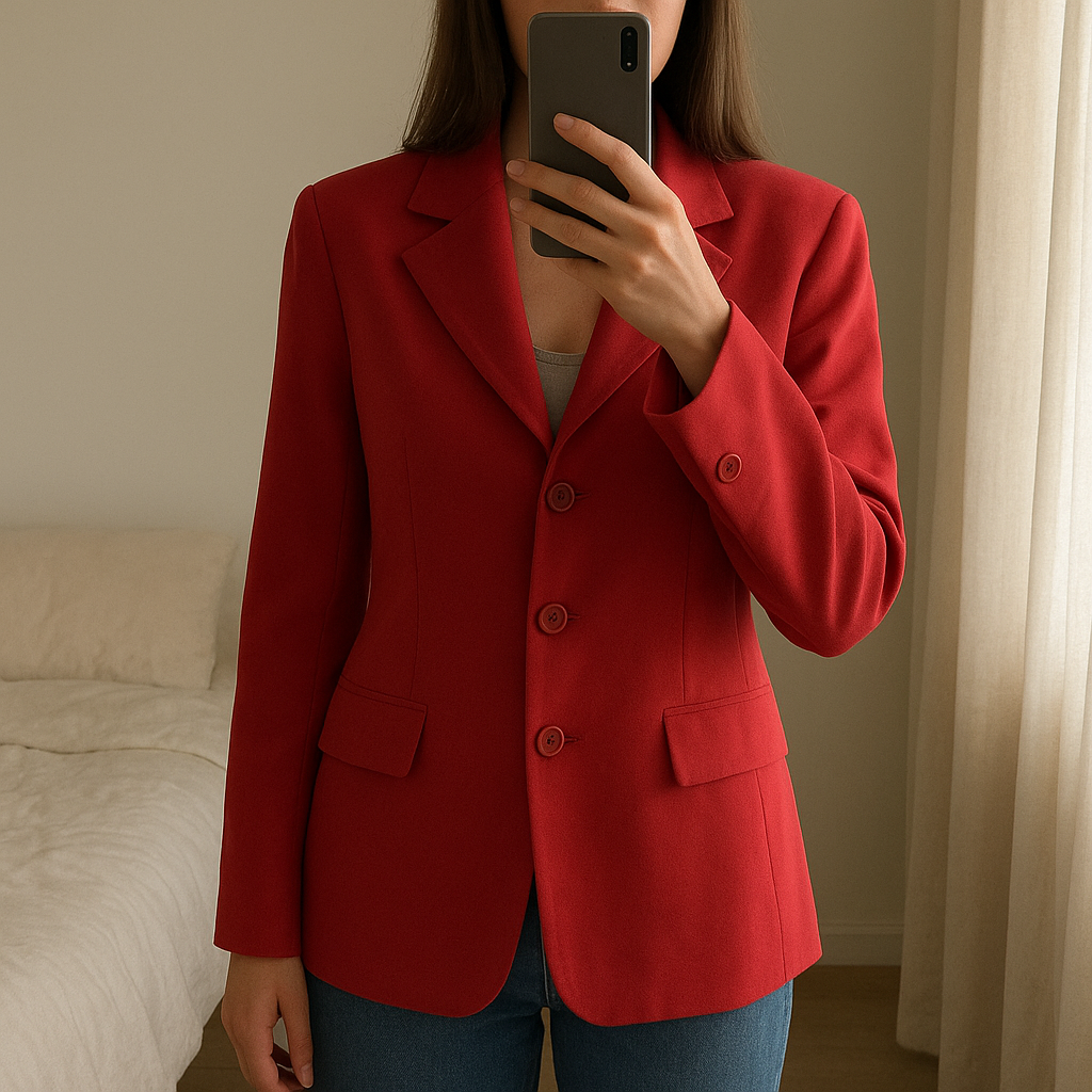 🧥 Veste blazer vintage Anne Weyburn T44/46 – rouge vif oversize années 80 – excellent état debout, face à la caméra, dans une chambre à la lumière douce, avec une lumière naturelle filtrant par la fenêtre.
