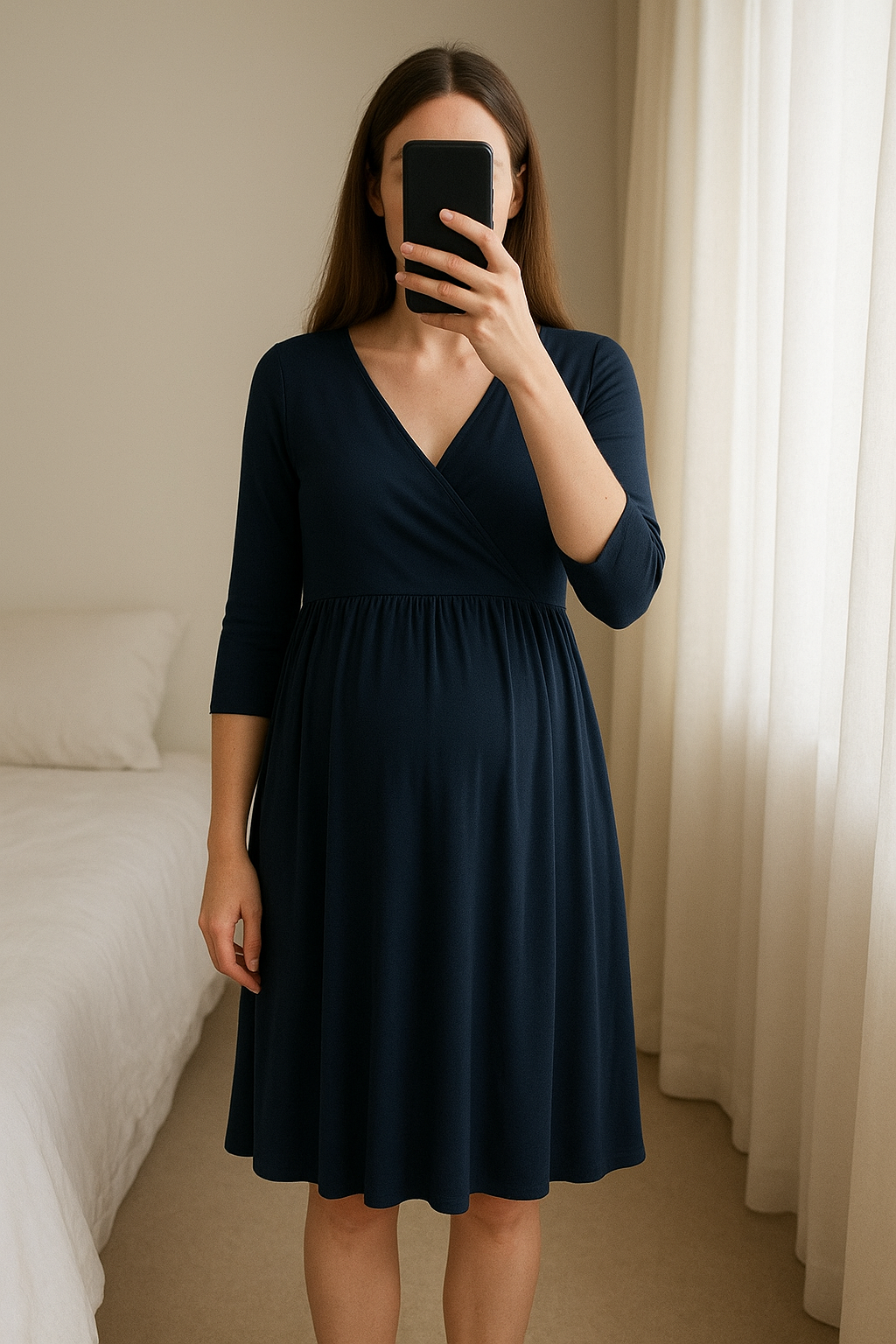 Robe Mademoiselle D debout, face à la caméra, dans une chambre à la lumière douce, avec une lumière naturelle filtrant par la fenêtre.