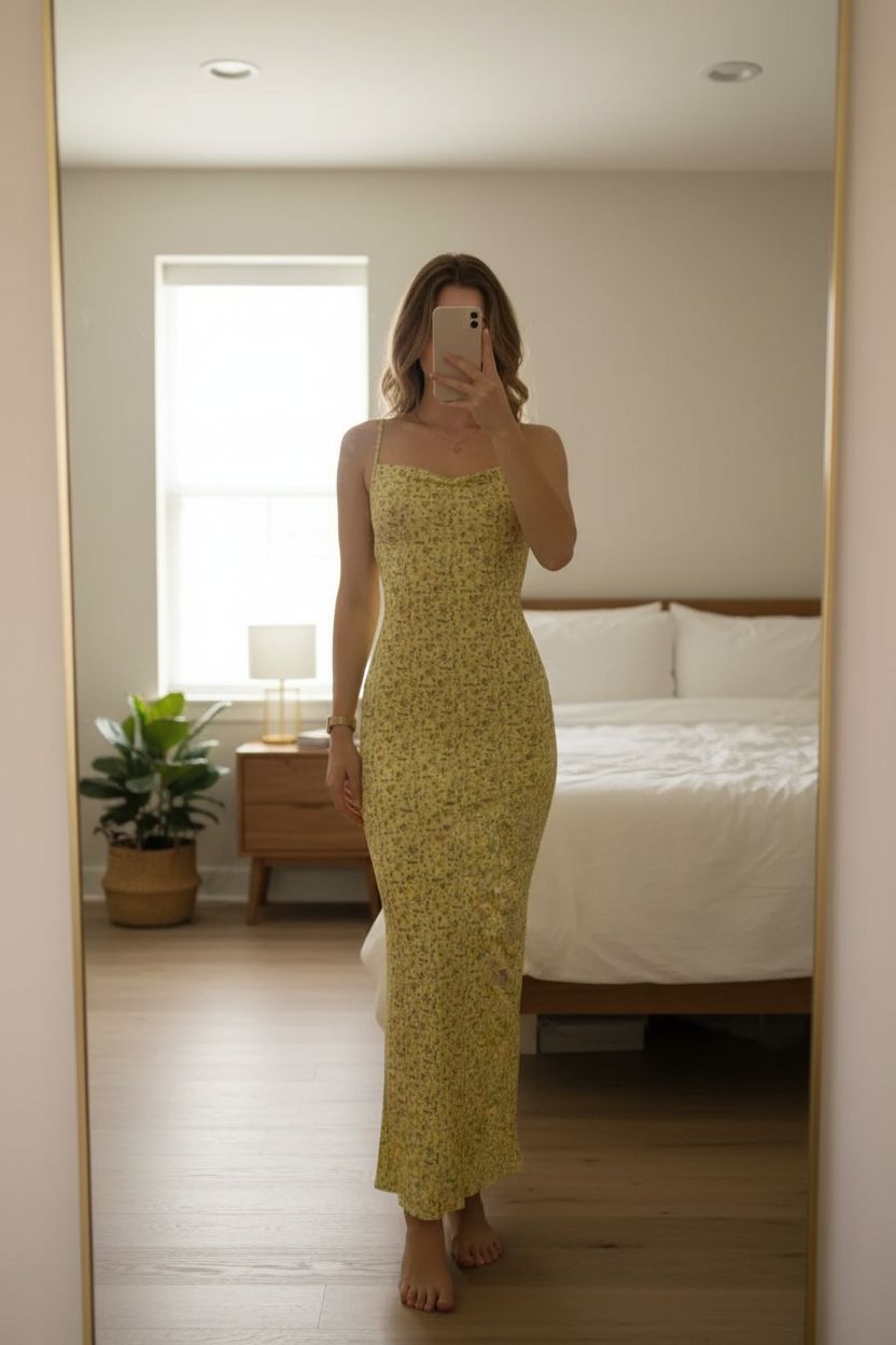 Robe jaune fleurie debout, face à la caméra, dans une chambre à la lumière douce, avec une lumière naturelle filtrant par la fenêtre.