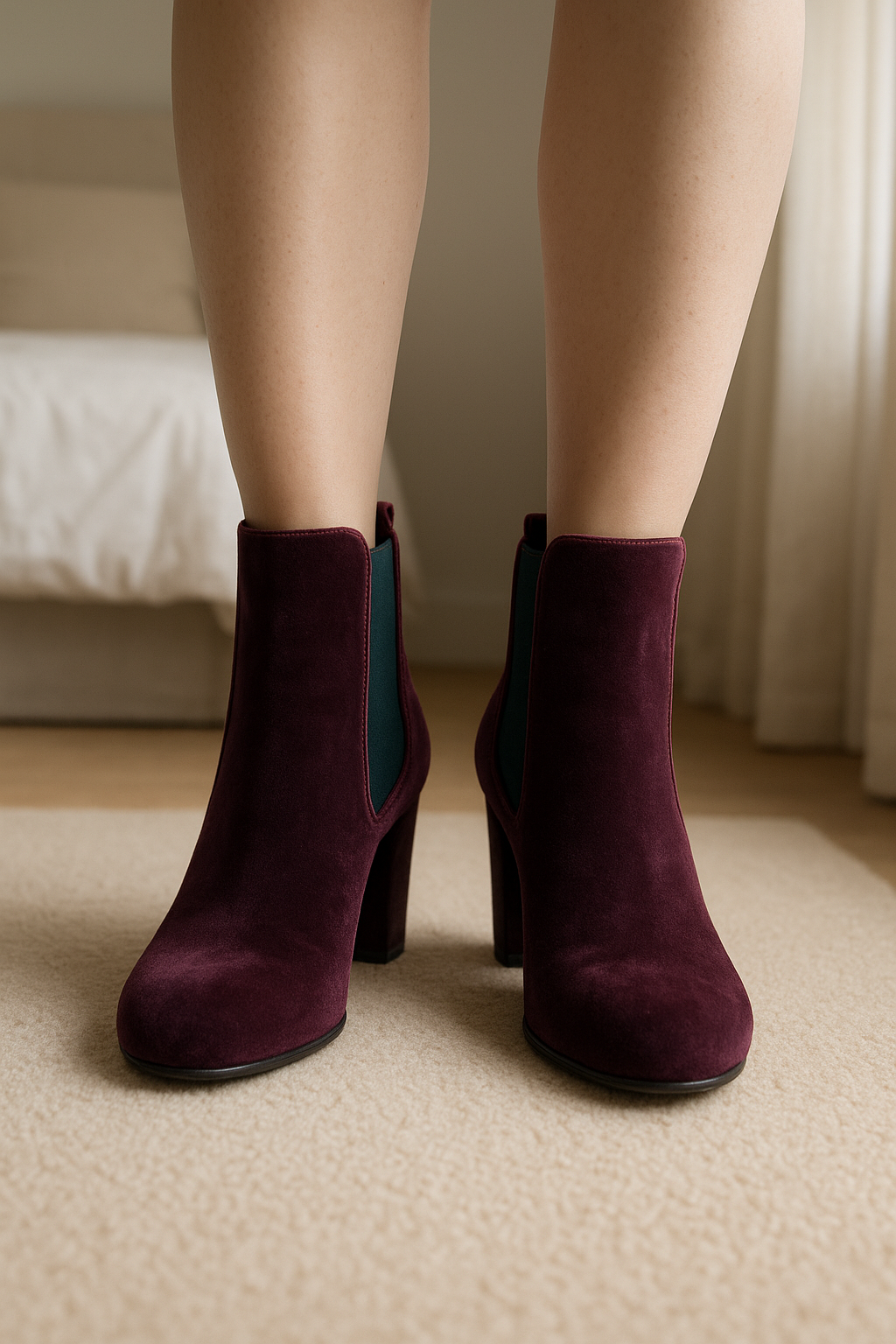 Penelope Chilvers Bottines velours debout, face à la caméra, dans une chambre à la lumière douce, avec une lumière naturelle filtrant par la fenêtre.