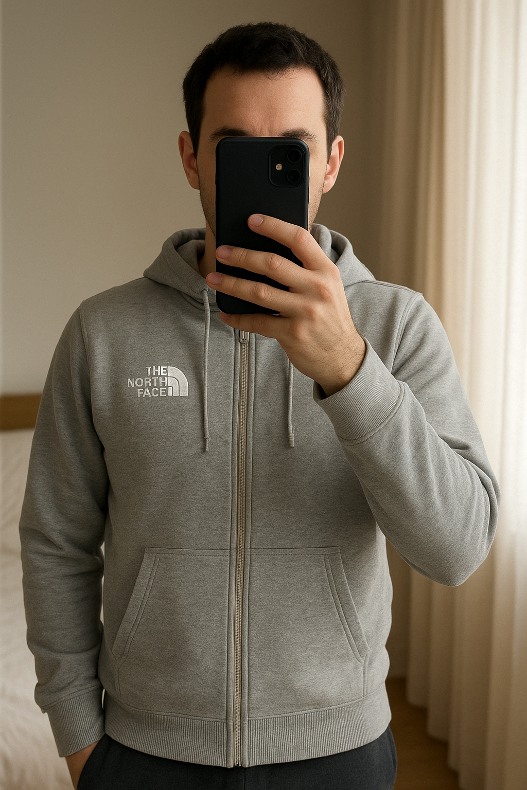 Gilets the North Face gris Neuf debout, face à la caméra, dans une chambre à la lumière douce, avec une lumière naturelle filtrant par la fenêtre.