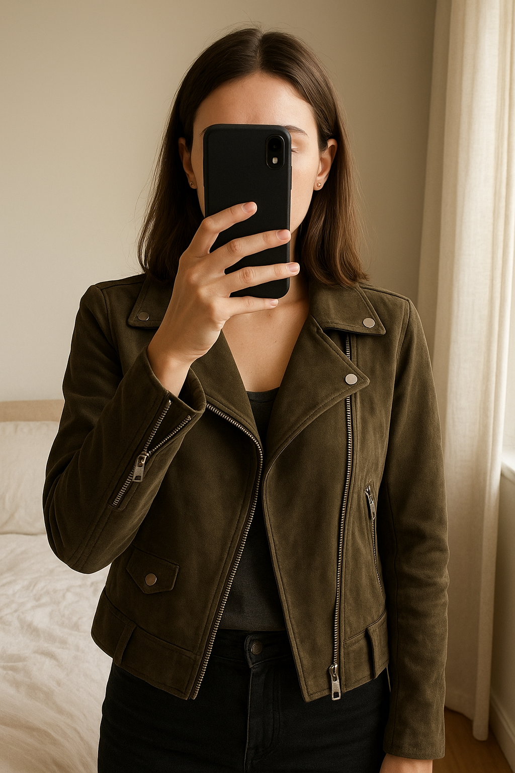 Perfecto kaki debout, face à la caméra, dans une chambre à la lumière douce, avec une lumière naturelle filtrant par la fenêtre.