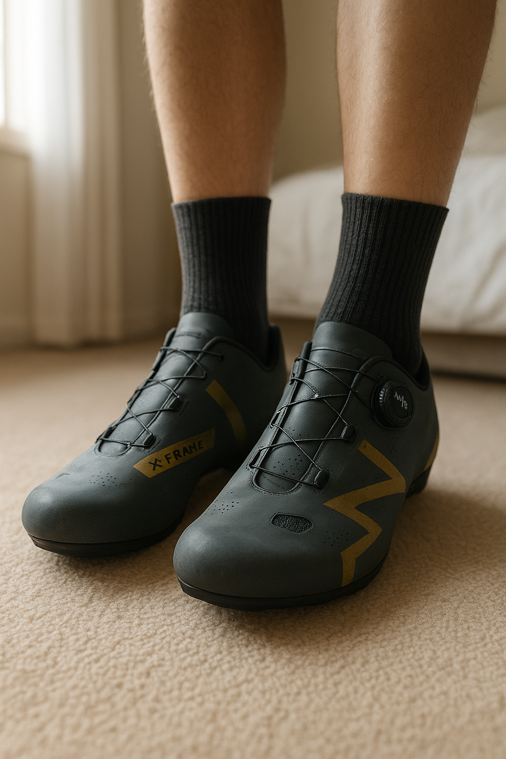 North Wave extreme GT Road Cycling Shoes standing straight facing the camera, in a softly lit bedroom setting, with gentle natural light filtering through a window.