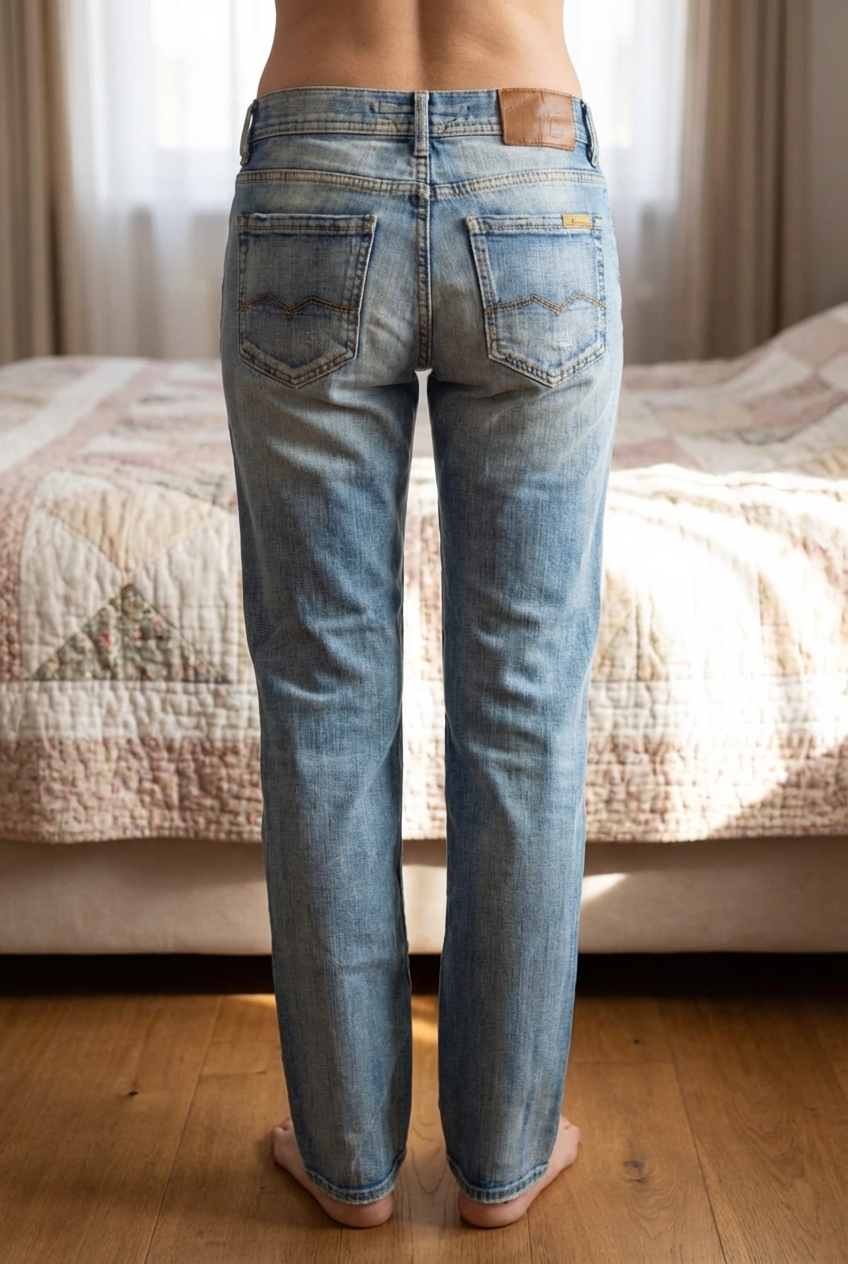 Jeans Meltin’ Pot Donna W29 L34 Denim Blu Chiaro Slim Fit in piedi, rivolto verso la fotocamera, in una camera da letto con luce soffusa e luce naturale che filtra dalla finestra.