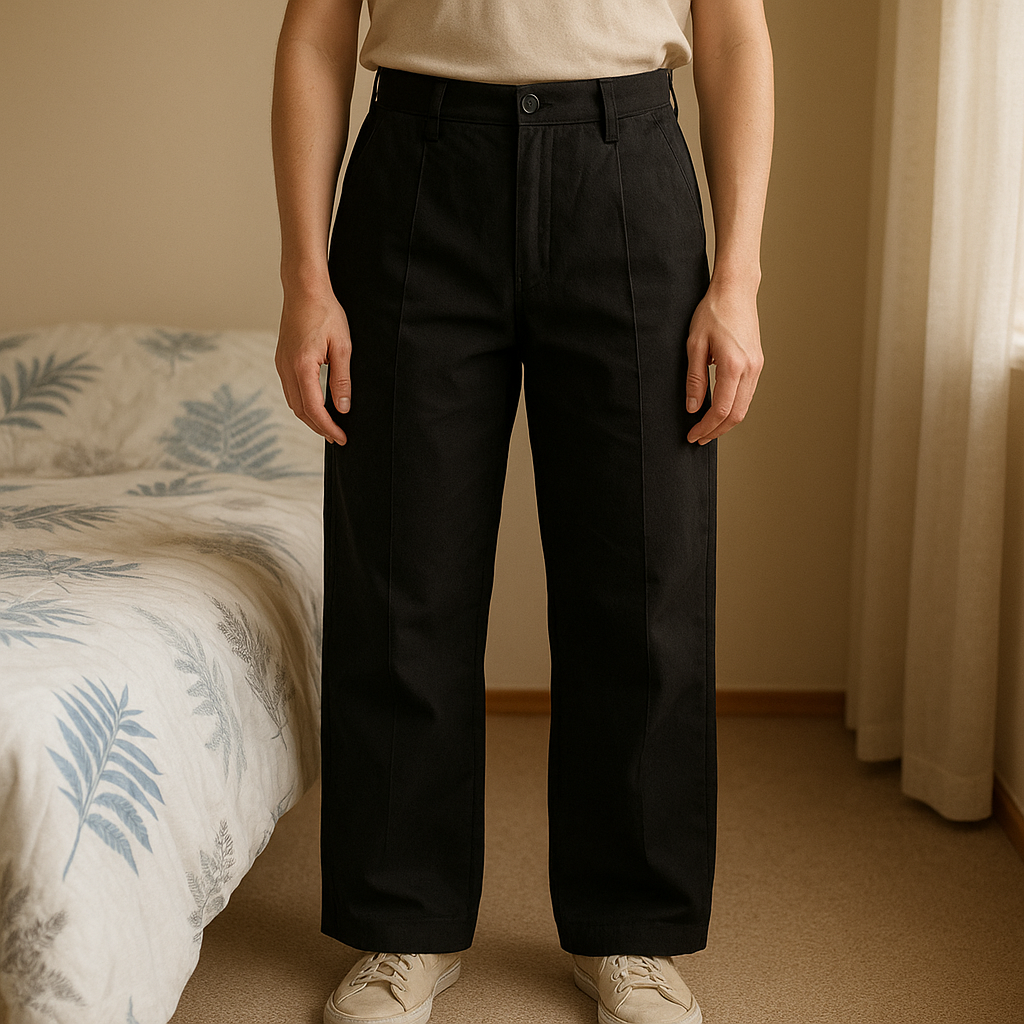 Pantalon de costume Large oversize - Vintage debout, face à la caméra, dans une chambre à la lumière douce, avec une lumière naturelle filtrant par la fenêtre.