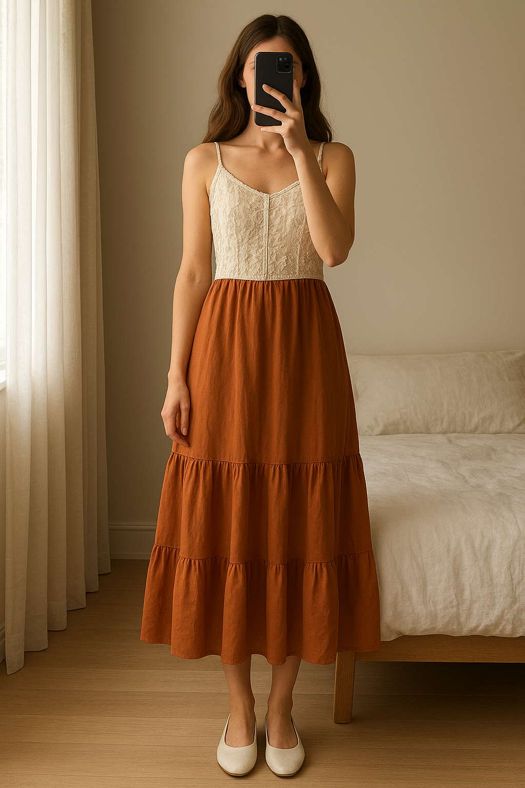 Robe Sabrina taille s debout, face à la caméra, dans une chambre à la lumière douce, avec une lumière naturelle filtrant par la fenêtre.