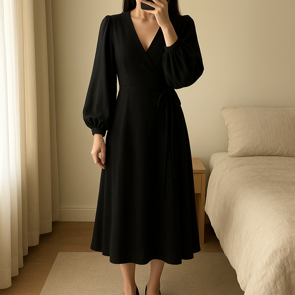 Robe longue H&M noir croisé debout, face à la caméra, dans une chambre à la lumière douce, avec une lumière naturelle filtrant par la fenêtre.
