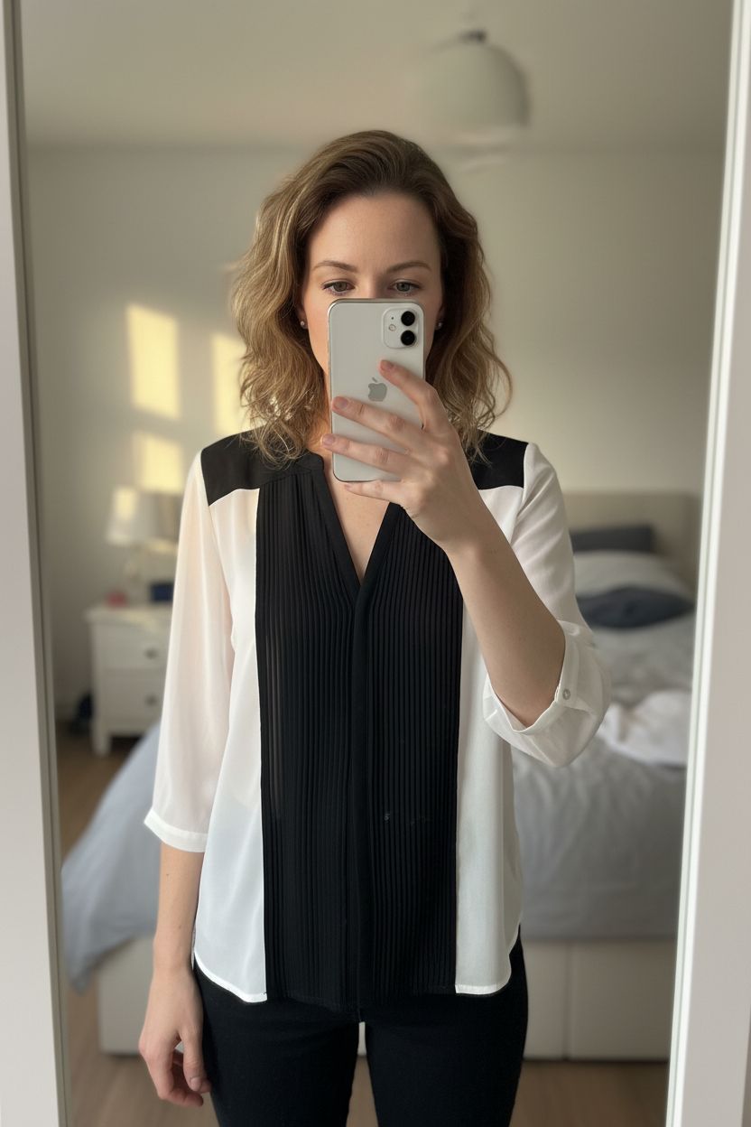 Blouse manches 3/4 debout, face à la caméra, dans une chambre à la lumière douce, avec une lumière naturelle filtrant par la fenêtre.