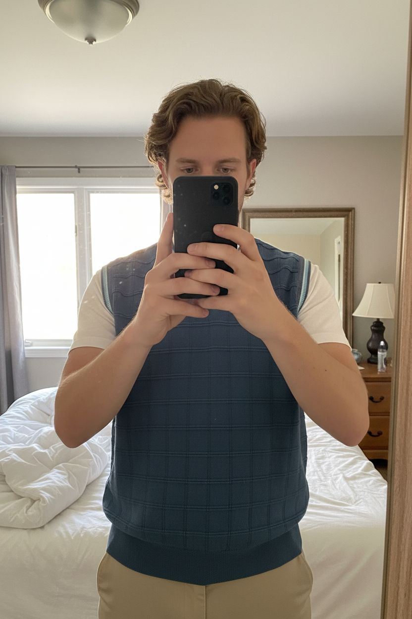 Ashworth Pullunder M blau grau Golf V-Neck NEU aufrecht stehend, der Kamera zugewandt, in einem sanft beleuchteten Schlafzimmer, mit natürlichem Licht, das durch ein Fenster fällt.