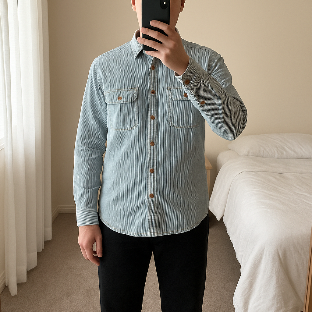 Chemise Vintage Chevignon Taille XL Homme 🤎 debout, face à la caméra, dans une chambre à la lumière douce, avec une lumière naturelle filtrant par la fenêtre.