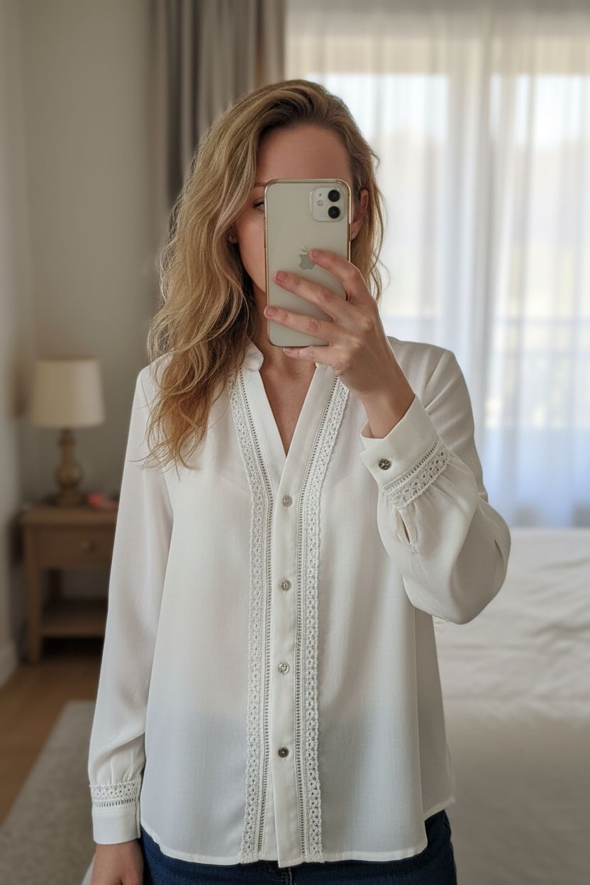 Chemise blanc/crème debout, face à la caméra, dans une chambre à la lumière douce, avec une lumière naturelle filtrant par la fenêtre.