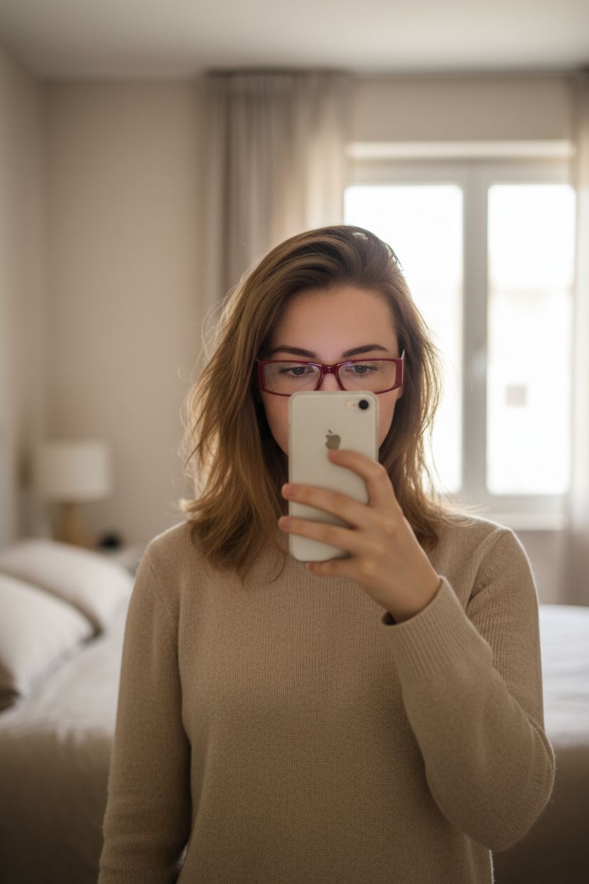Occhiali Napapijri nuovi bicolor debout, face à la caméra, dans une chambre à la lumière douce, avec une lumière naturelle filtrant par la fenêtre.