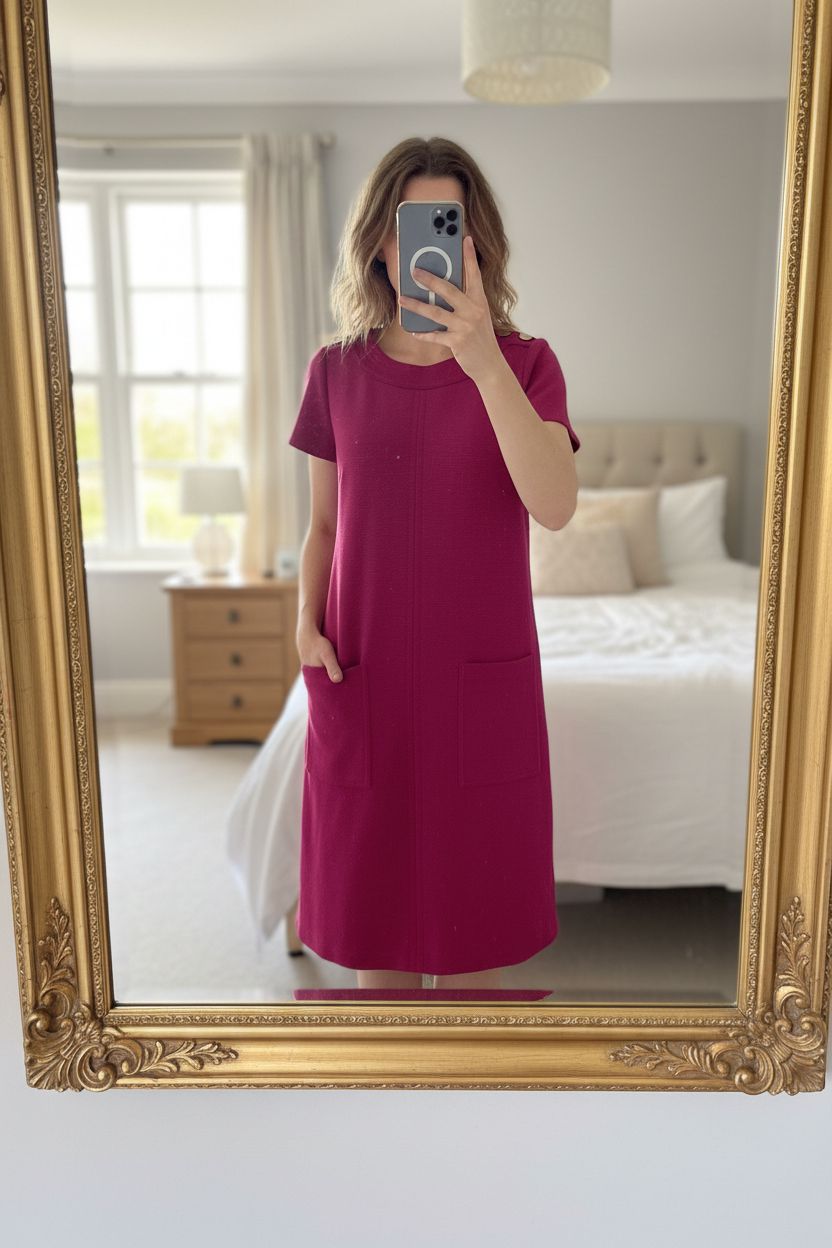 Boden pink textured jersey dress UK 12 smart casual office barbiecore workwear standing straight facing the camera, in a softly lit bedroom setting, with gentle natural light filtering through a window.