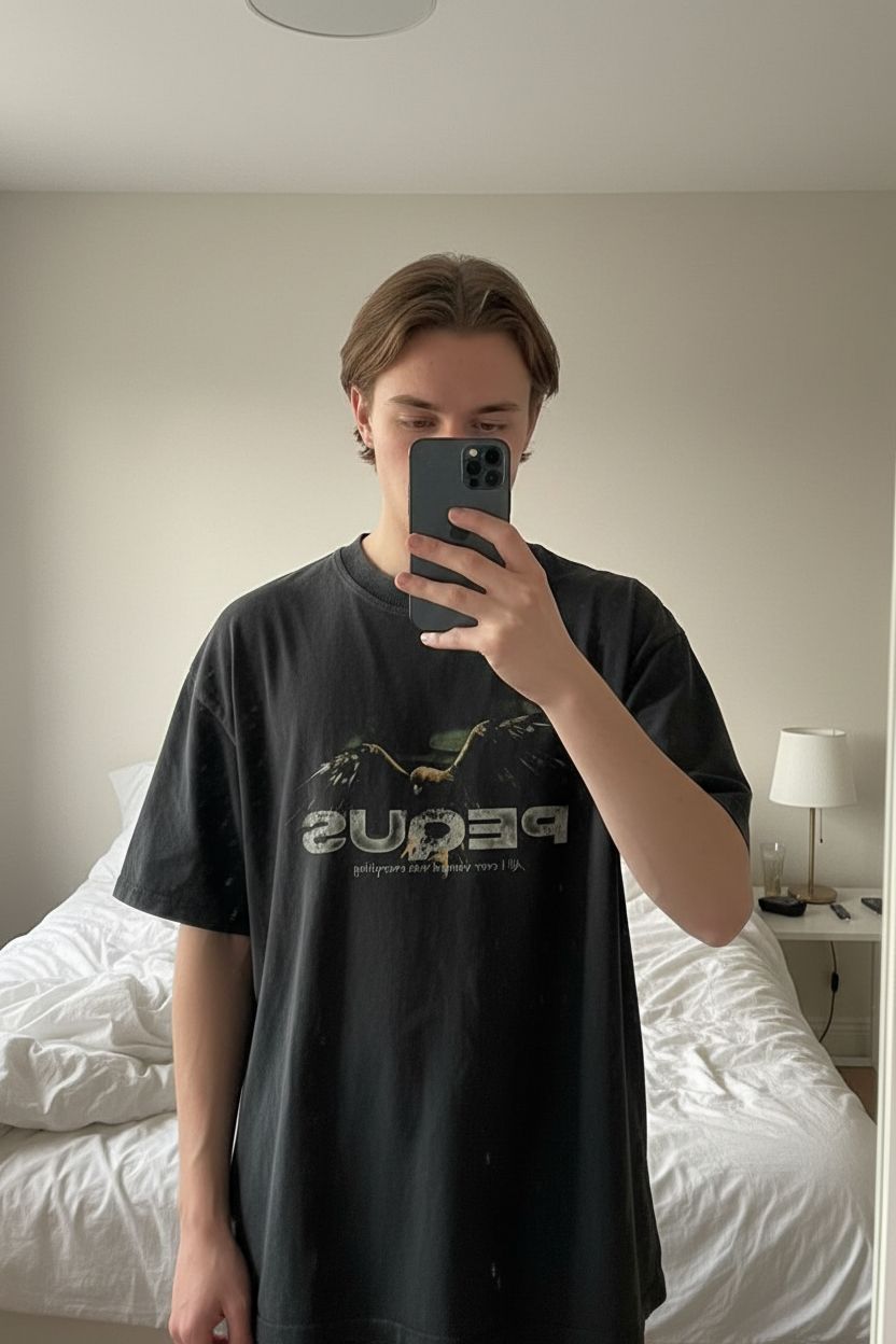 Pequs Oversized Tee Größe S aufrecht stehend, der Kamera zugewandt, in einem sanft beleuchteten Schlafzimmer, mit natürlichem Licht, das durch ein Fenster fällt.