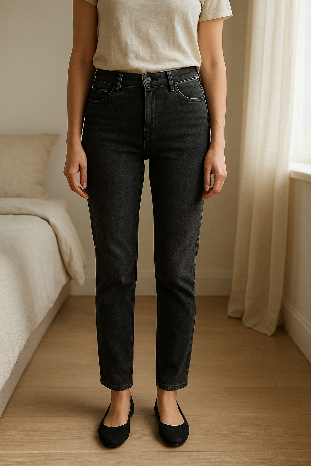 Jean skinny debout, face à la caméra, dans une chambre à la lumière douce, avec une lumière naturelle filtrant par la fenêtre.