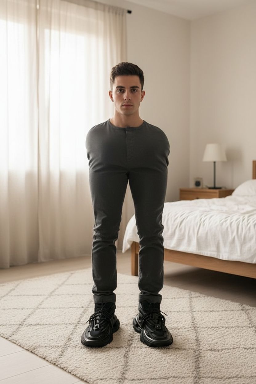 Balmain basket unicorn slow en cuir de vau montante 43 debout, face à la caméra, dans une chambre à la lumière douce, avec une lumière naturelle filtrant par la fenêtre.