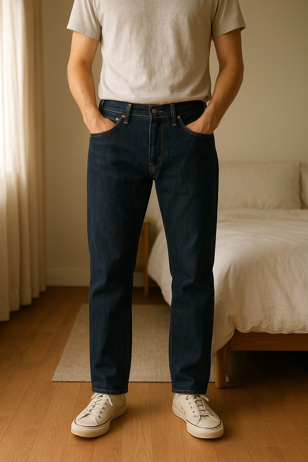 Jeans Lévis 501 29x32/30 debout, face à la caméra, dans une chambre à la lumière douce, avec une lumière naturelle filtrant par la fenêtre.