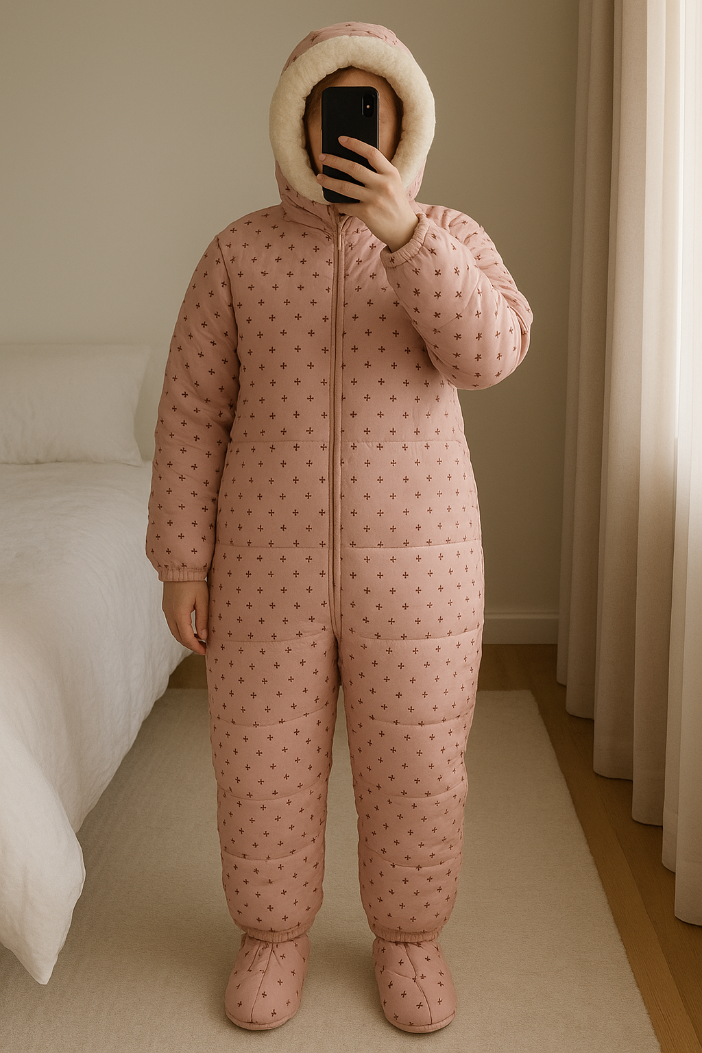 Combinaison bébé liano debout, face à la caméra, dans une chambre à la lumière douce, avec une lumière naturelle filtrant par la fenêtre.