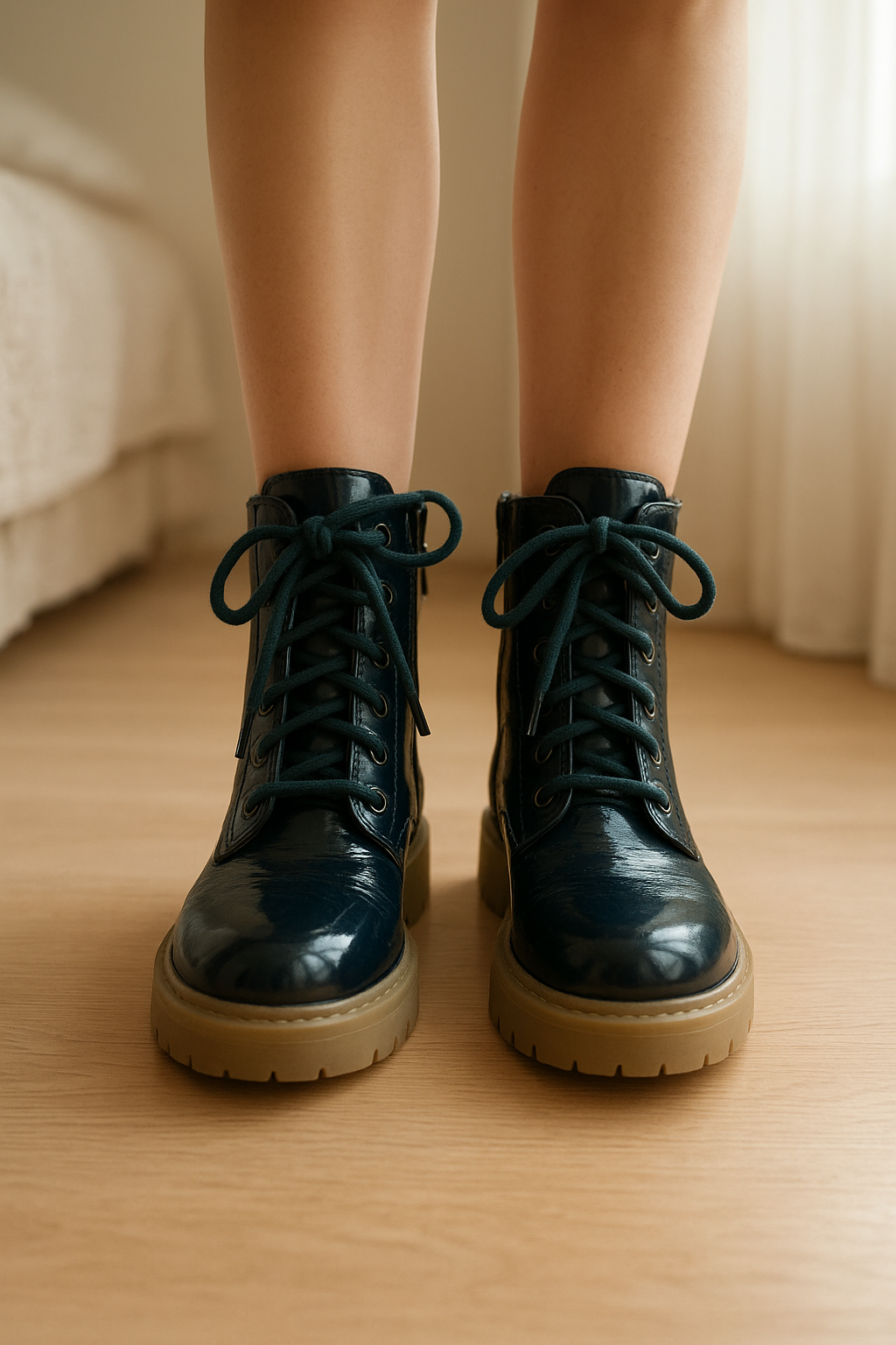 AKID Toddler Boots standing straight facing the camera, in a softly lit bedroom setting, with gentle natural light filtering through a window.