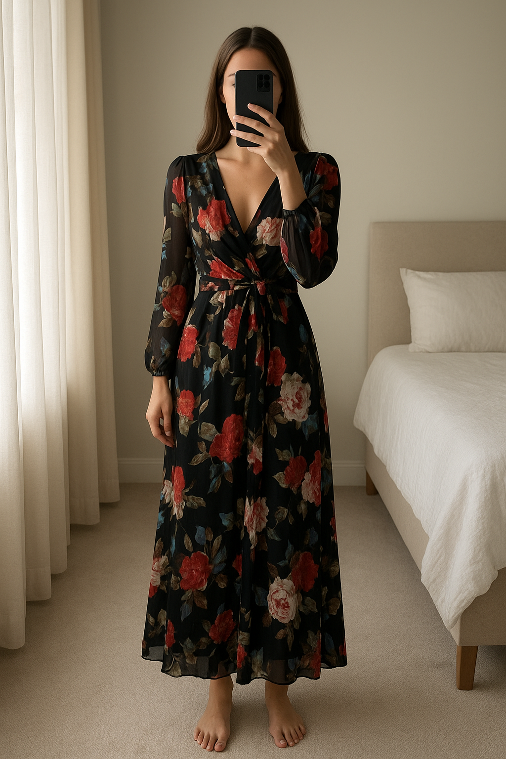 Lipsy Floral Wrap Front Maxi Dress | Size 16 standing straight facing the camera, in a softly lit bedroom setting, with gentle natural light filtering through a window.