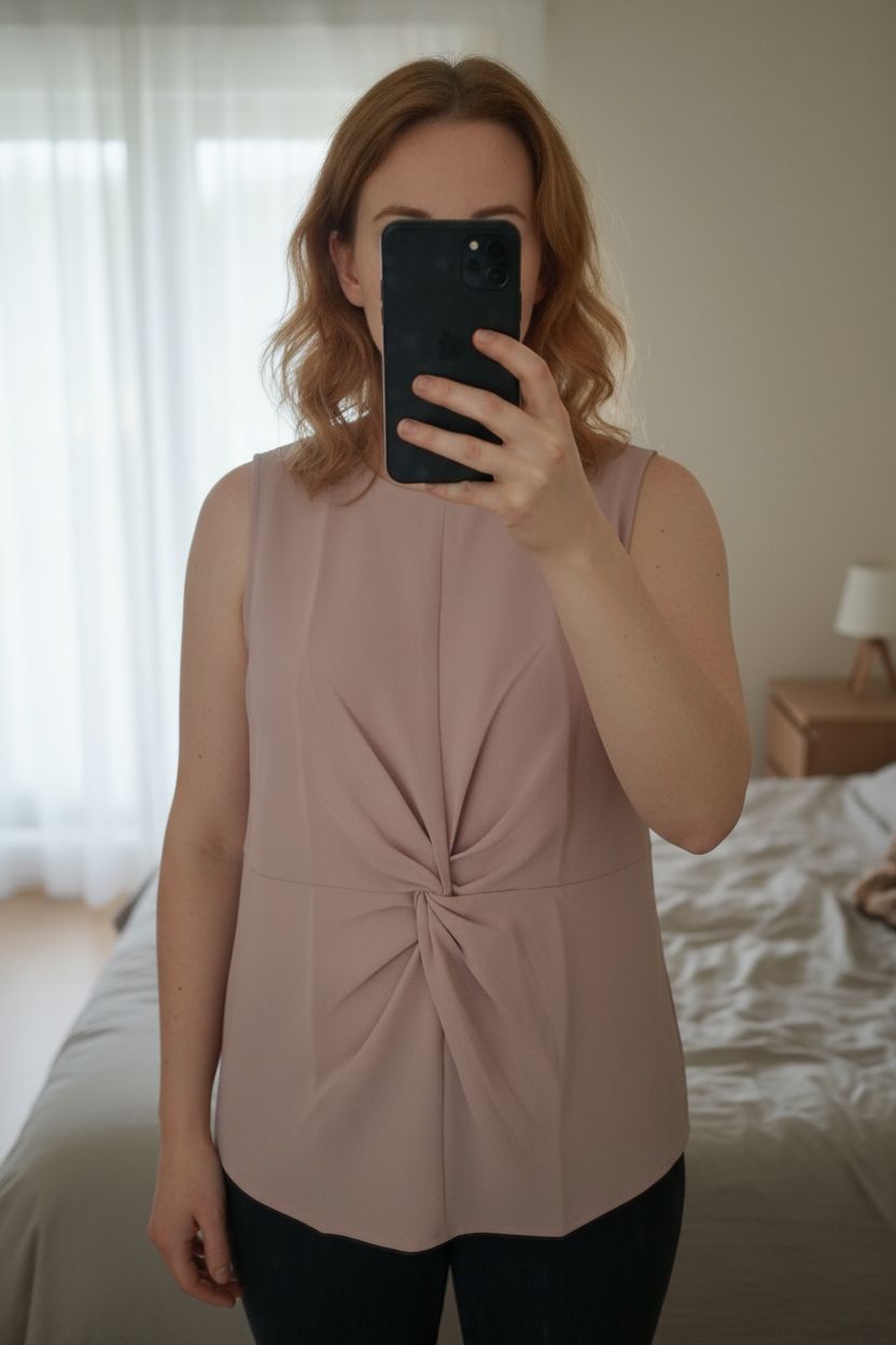 Une personne en Chemisier rose poudré New Look debout, face à la caméra, avec une silhouette légèrement plus ronde, dans une chambre à la lumière douce, avec une lumière naturelle filtrant par la fenêtre.