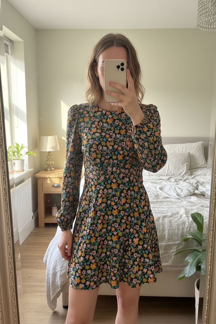 Floral Mini Dress – Long Sleeve standing straight facing the camera, in a softly lit bedroom setting, with gentle natural light filtering through a window.
