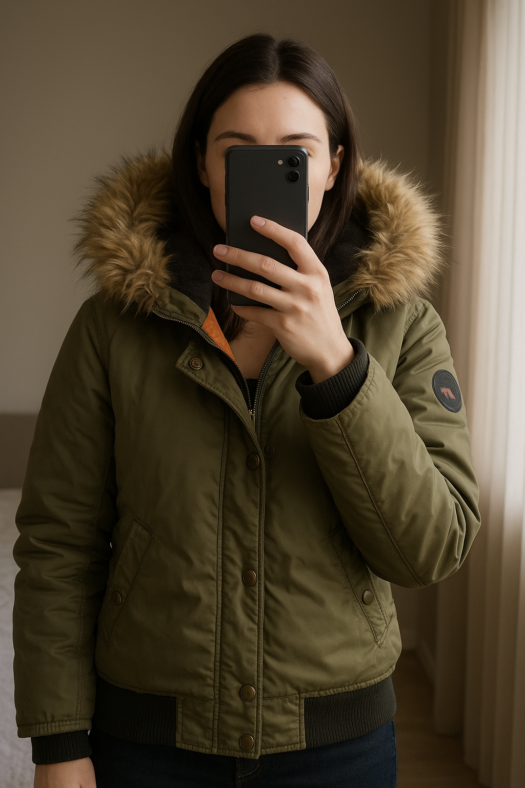 Manteau debout, face à la caméra, dans une chambre à la lumière douce, avec une lumière naturelle filtrant par la fenêtre.