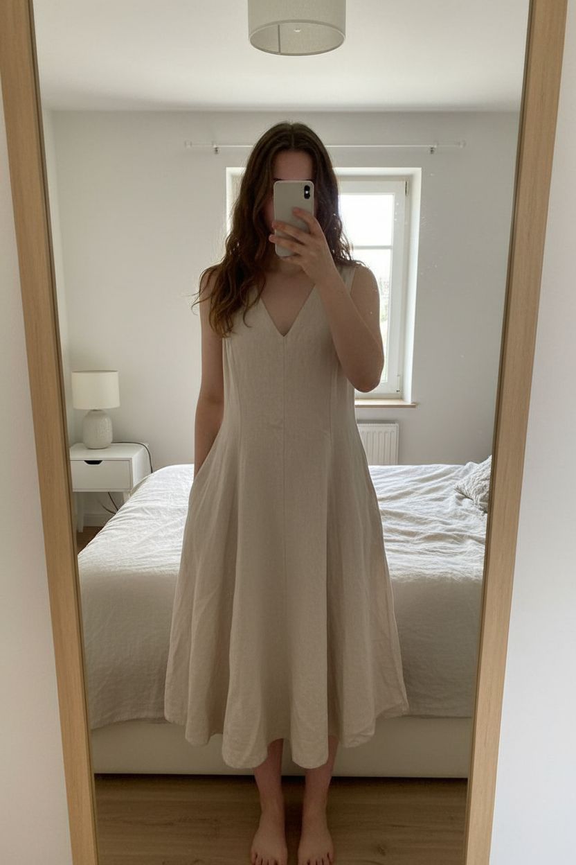 Robe longue midi d’été en lin Primark debout, face à la caméra, dans une chambre à la lumière douce, avec une lumière naturelle filtrant par la fenêtre.