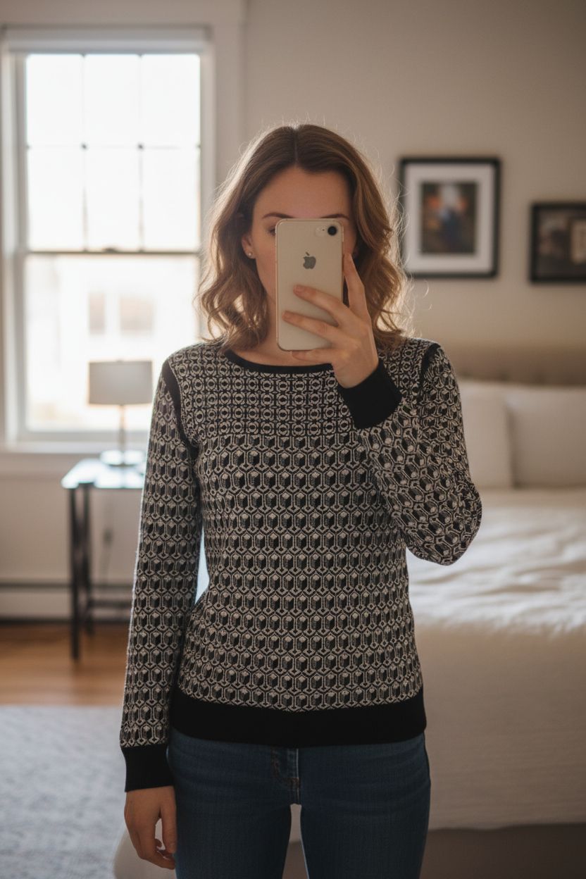 M&S Black White Geometric Knit Jumper UK 8 Dark Academia Minimalist monochrome standing straight facing the camera, in a softly lit bedroom setting, with gentle natural light filtering through a window.