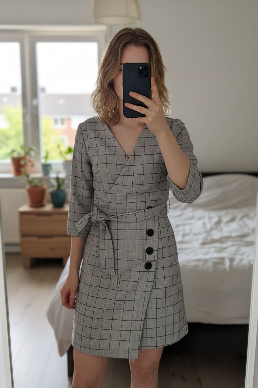 Vestido cuadros de pie, mirando a la cámara, en un dormitorio con luz suave y natural filtrándose por la ventana.