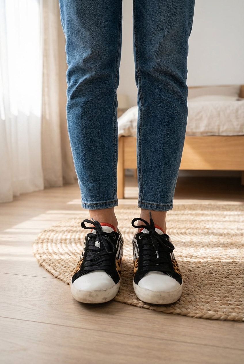 Basket Zadig & voltaire de pie, mirando a la cámara, en un dormitorio con luz suave y natural filtrándose por la ventana.