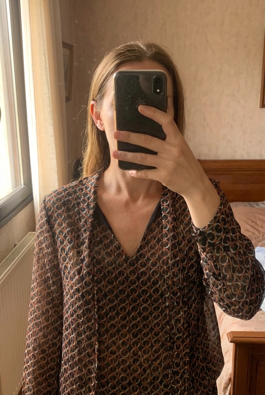 Blouse femme S debout, face à la caméra, dans une chambre à la lumière douce, avec une lumière naturelle filtrant par la fenêtre.