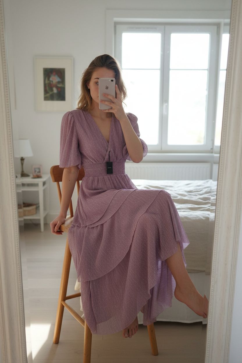 Une personne en Robe Maje T36 coloris lilas métallisée lurex neuf assis sur une chaise haute, avec une posture détendue, avec une silhouette fine, dans une chambre à la lumière douce, avec une lumière naturelle filtrant par la fenêtre.