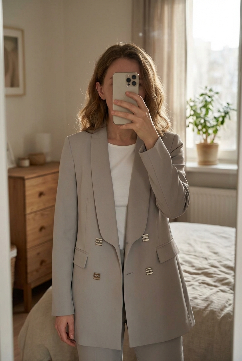 Ensemble Pantalon & Blazer debout, face à la caméra, dans une chambre à la lumière douce, avec une lumière naturelle filtrant par la fenêtre.