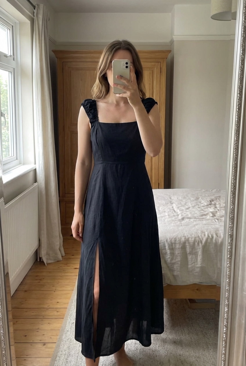 Robe noire de chez Zara debout, face à la caméra, dans une chambre à la lumière douce, avec une lumière naturelle filtrant par la fenêtre.