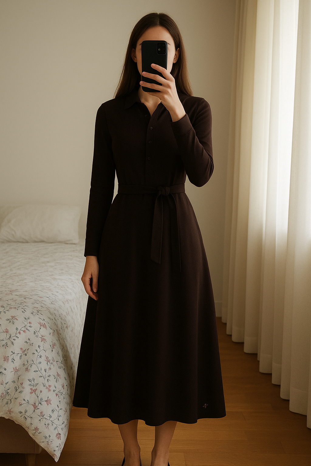 belle robe chemisier manches longues en jersey marron T40 debout, face à la caméra, dans une chambre à la lumière douce, avec une lumière naturelle filtrant par la fenêtre.