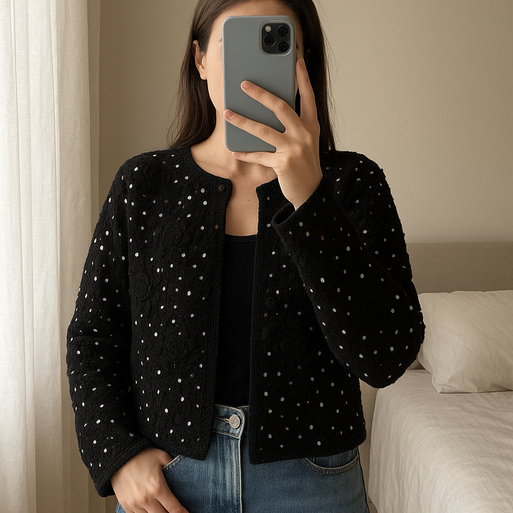 Veste Zara strass T36 debout, face à la caméra, dans une chambre à la lumière douce, avec une lumière naturelle filtrant par la fenêtre.