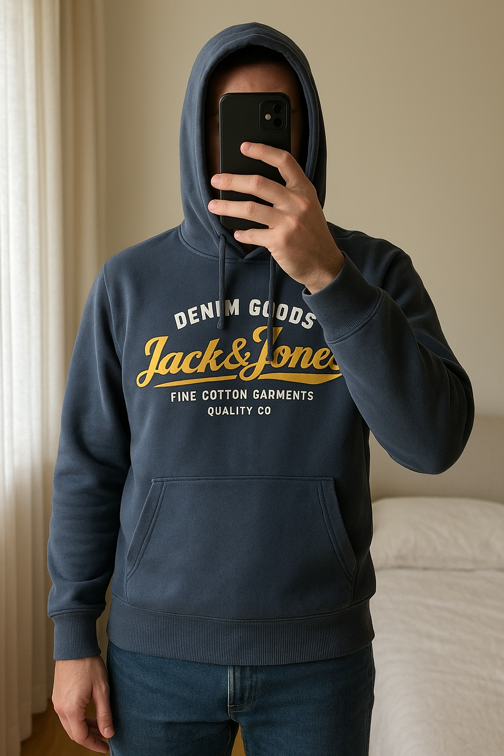 Pull jack & Jones debout, face à la caméra, dans une chambre à la lumière douce, avec une lumière naturelle filtrant par la fenêtre.
