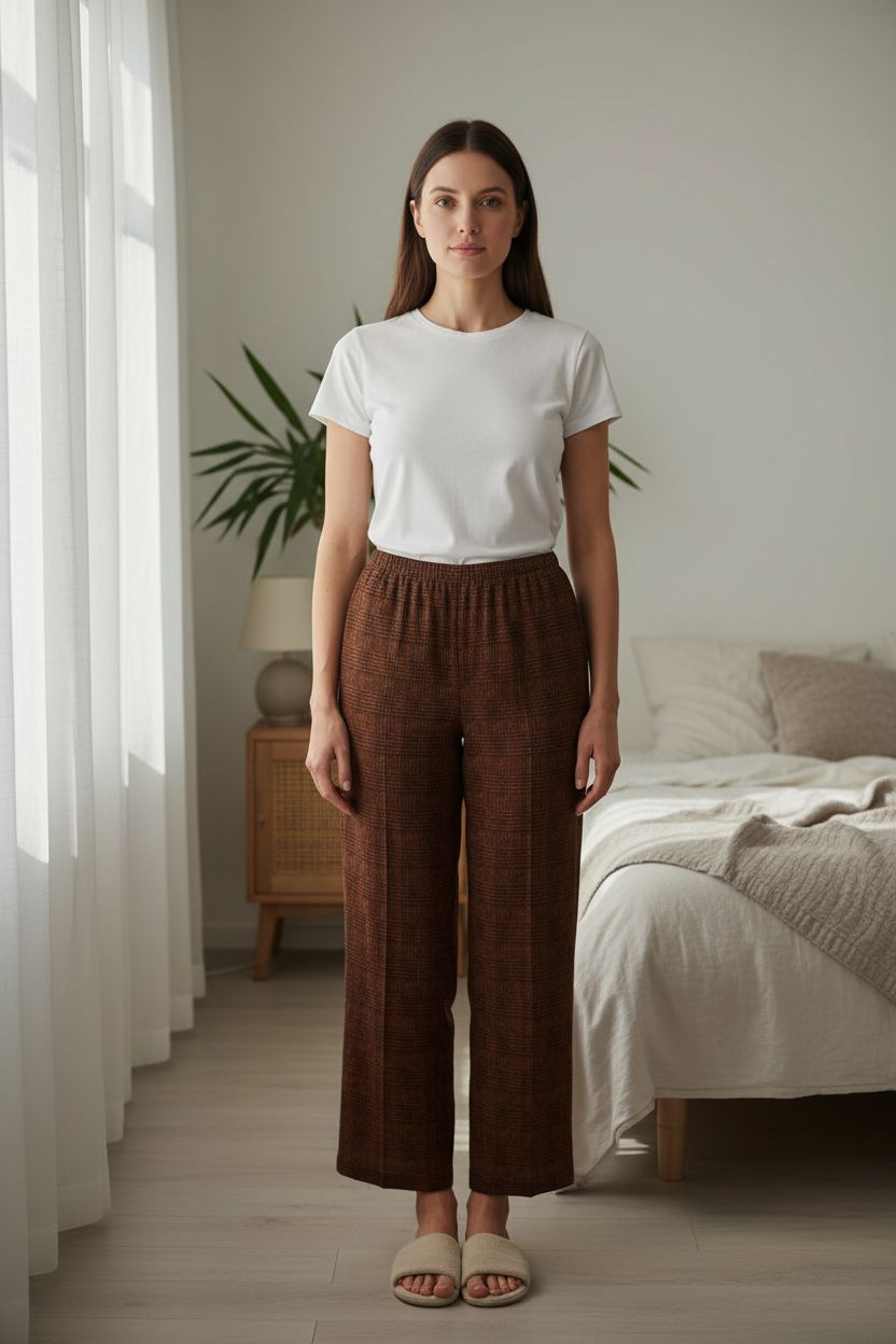 Jupe longue Cotélac taille 38 debout, face à la caméra, dans une chambre à la lumière douce, avec une lumière naturelle filtrant par la fenêtre.