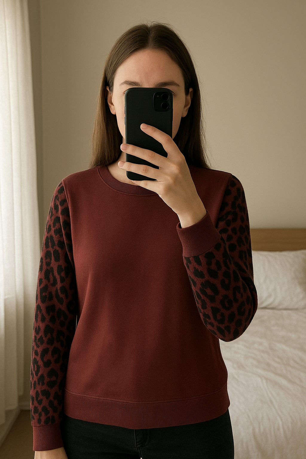 Pull Manoush neuf léopard debout, face à la caméra, dans une chambre à la lumière douce, avec une lumière naturelle filtrant par la fenêtre.