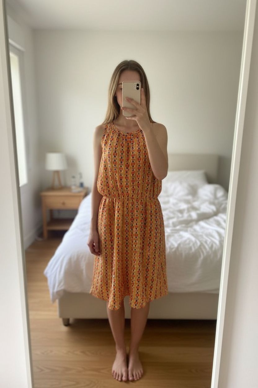 Robe d été vintage taille S debout, face à la caméra, dans une chambre à la lumière douce, avec une lumière naturelle filtrant par la fenêtre.